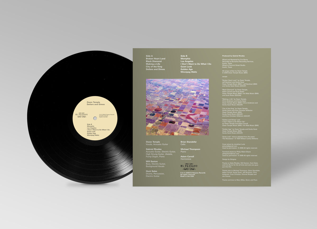 Dollars and Dimes — back of the vinyl LP jacket with the record showing the Side B label: both sides' track lists, the aerial farmland photograph, the players and the production credits