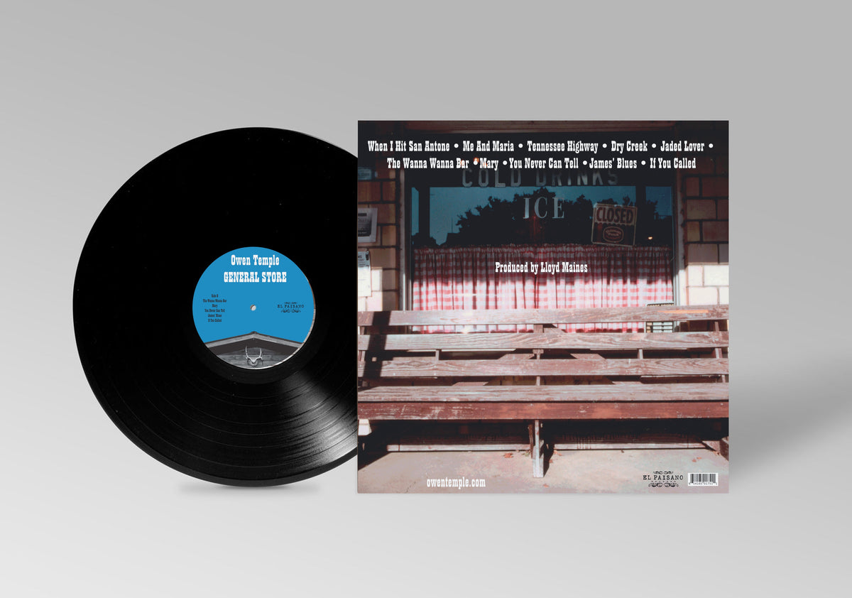 General Store — back of the vinyl LP jacket with the record showing the Side B label: the full track list across the top, the Fischer Store porch benches and red-checked curtain, “Produced by Lloyd Maines,” and the El Paisano Records logo
