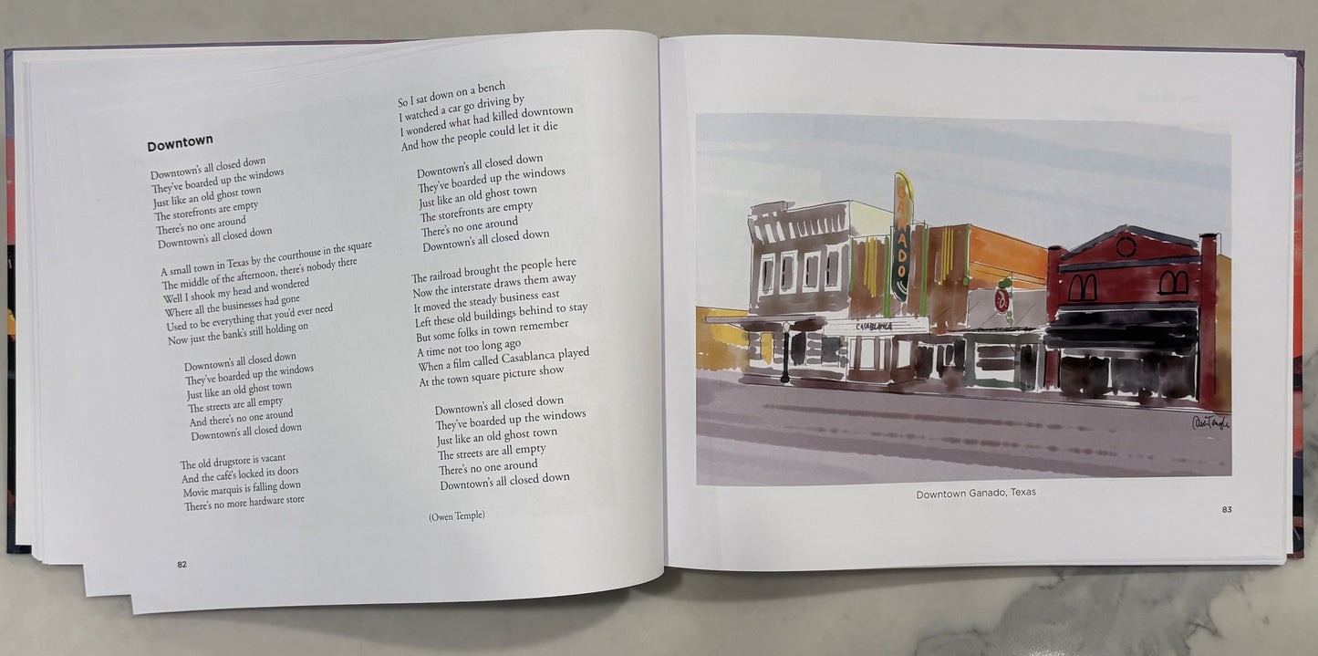 Watch It Shine open to the lyrics of 'Downtown' facing a watercolor of downtown Ganado, Texas