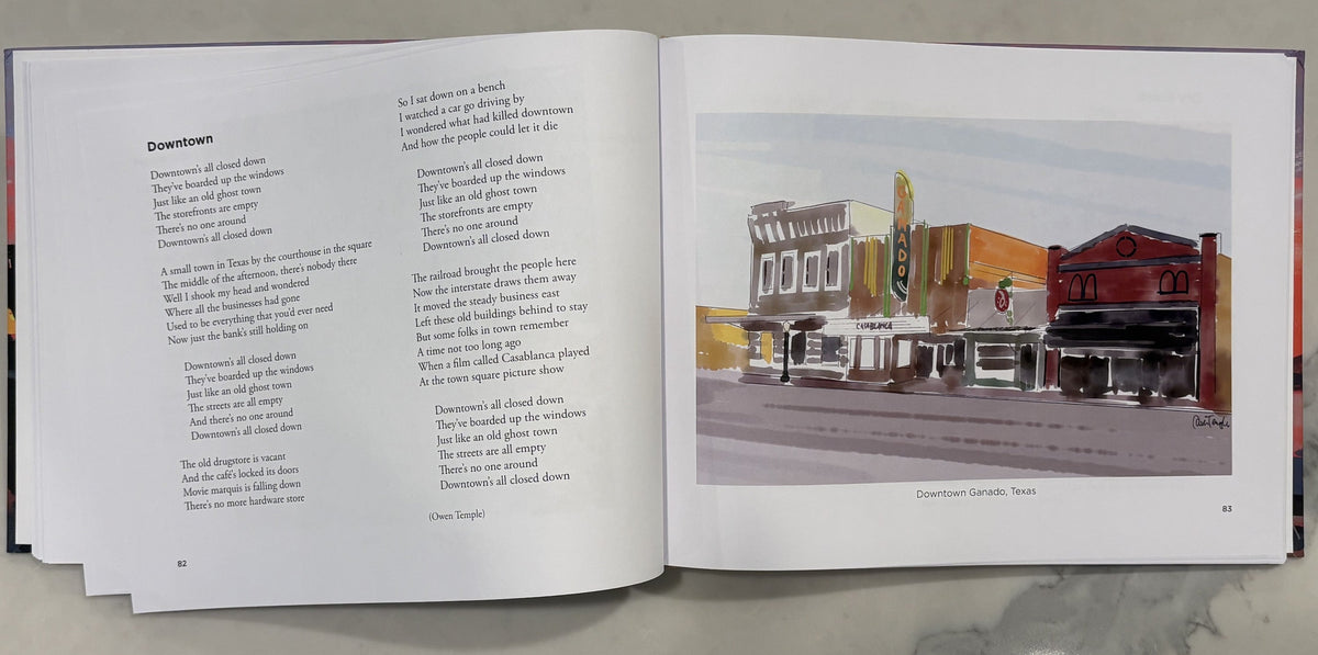 Watch It Shine lying open on a table at the lyrics of 'Downtown' facing a watercolor of downtown Ganado, Texas