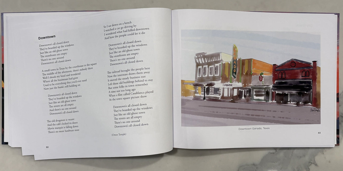 Watch It Shine lying open on a table at the lyrics of 'Downtown' facing a watercolor of downtown Ganado, Texas