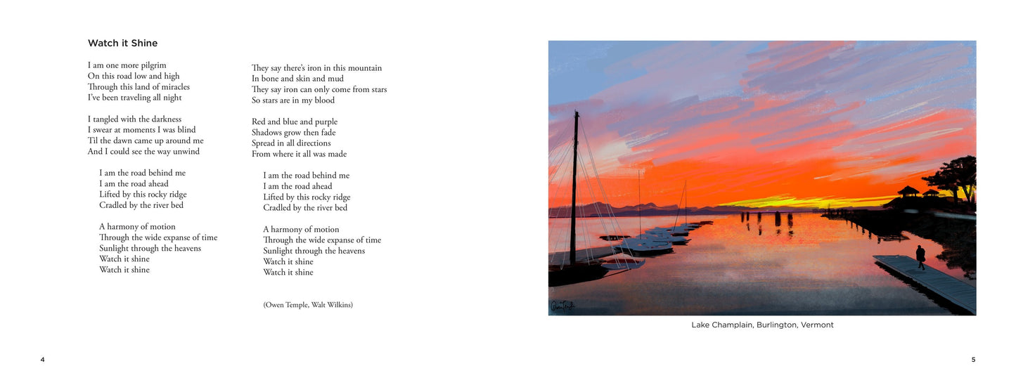 Watch It Shine open to the lyrics of the title song facing a painting of Lake Champlain, Burlington, Vermont