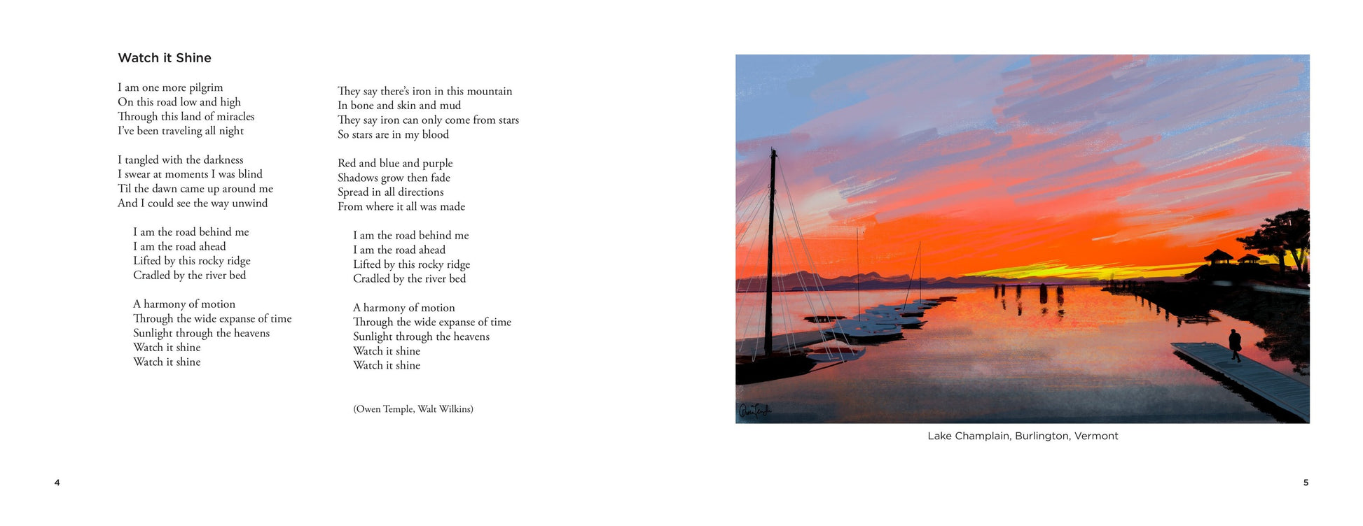 Watch It Shine open to the lyrics of the title song facing a painting of Lake Champlain, Burlington, Vermont