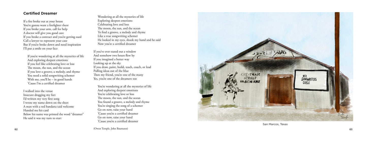 Watch It Shine open to the lyrics of 'Certified Dreamer' facing a drawing of Cheatham Street Warehouse, San Marcos, Texas