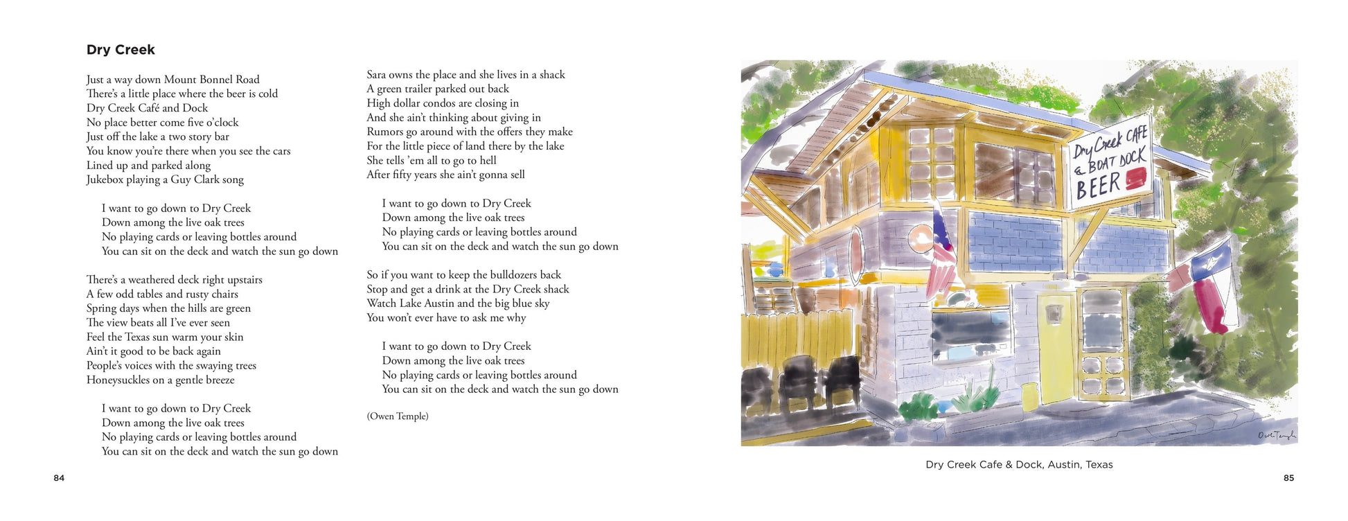 Watch It Shine open to the lyrics of 'Dry Creek' facing a watercolor of Dry Creek Cafe and Dock, Austin, Texas