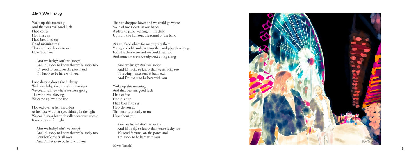 Watch It Shine interior spread — Ain't We Lucky lyrics facing a night watercolor of a lit ferris wheel