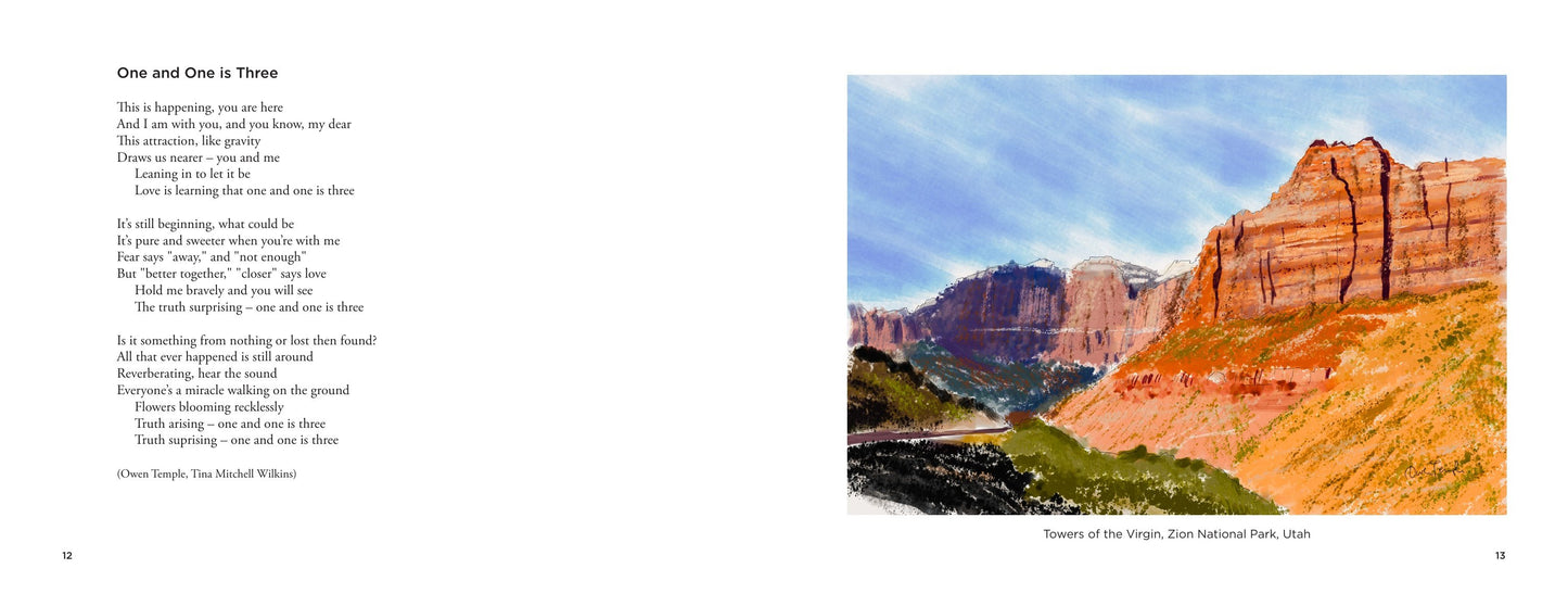 Watch It Shine interior spread — One and One is Three lyrics facing the watercolor Towers of the Virgin, Zion National Park, Utah