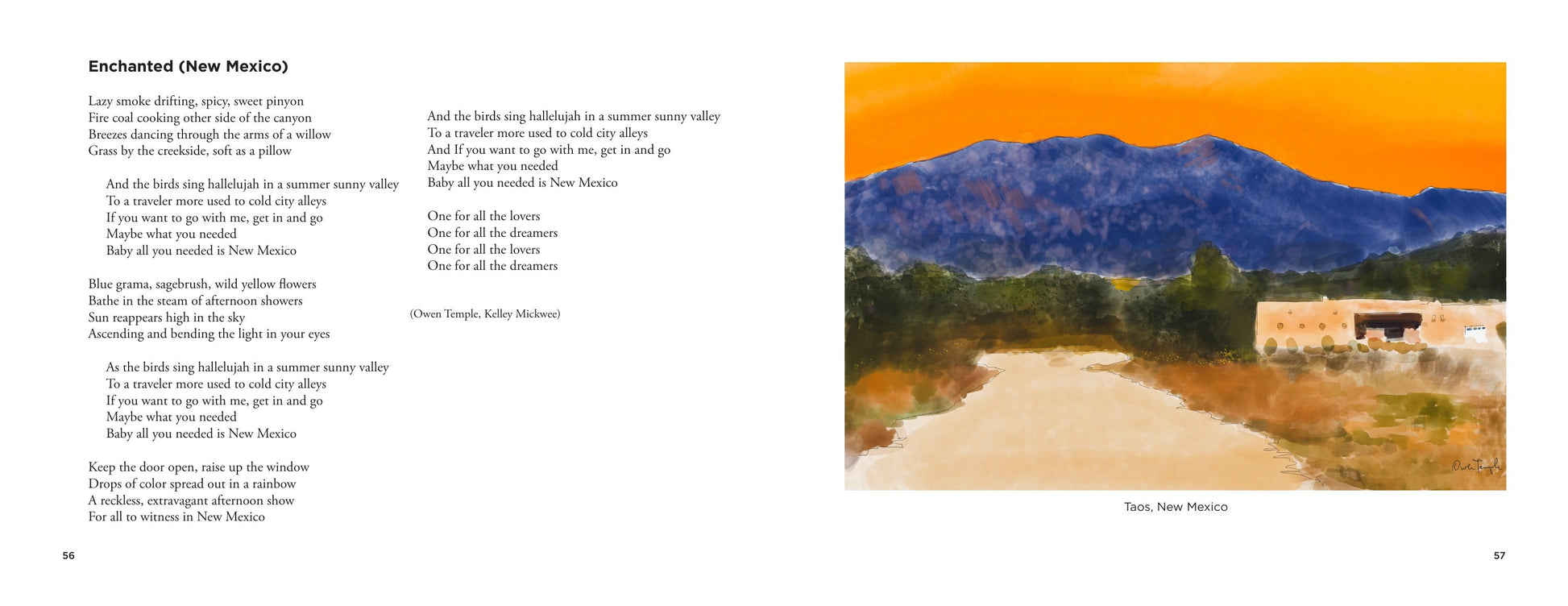 Watch It Shine interior spread — Enchanted (New Mexico) lyrics facing a watercolor of Taos, New Mexico