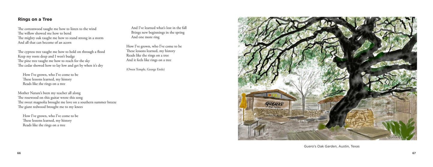 Watch It Shine interior spread — Rings on a Tree lyrics facing the watercolor Guero's Oak Garden, Austin, Texas