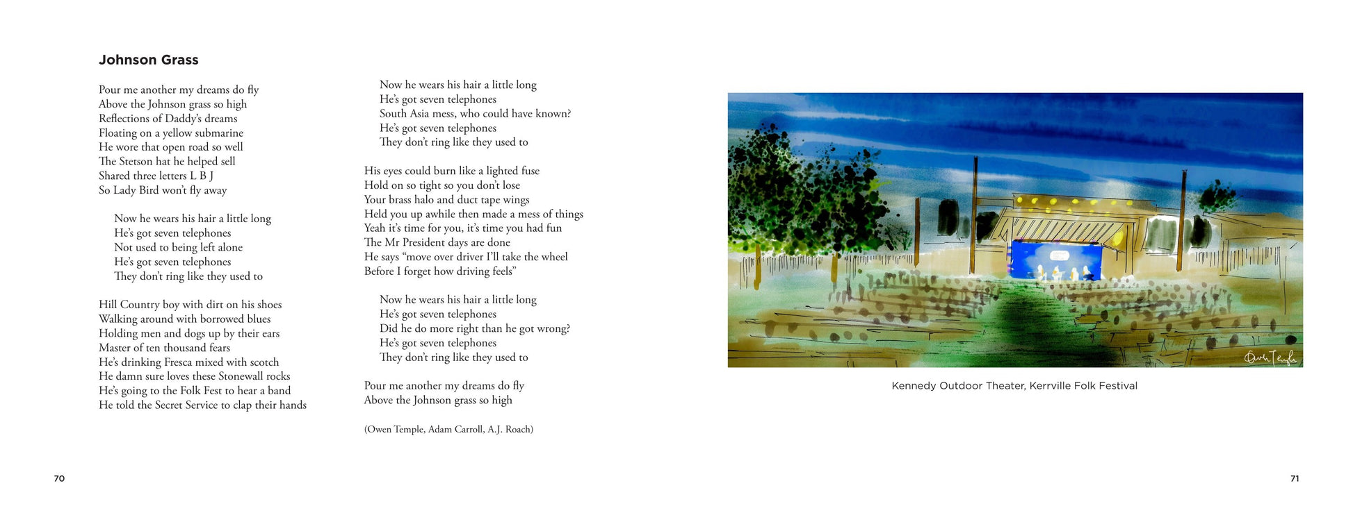 Watch It Shine interior spread — Johnson Grass lyrics facing the watercolor Kennedy Outdoor Theater, Kerrville Folk Festival