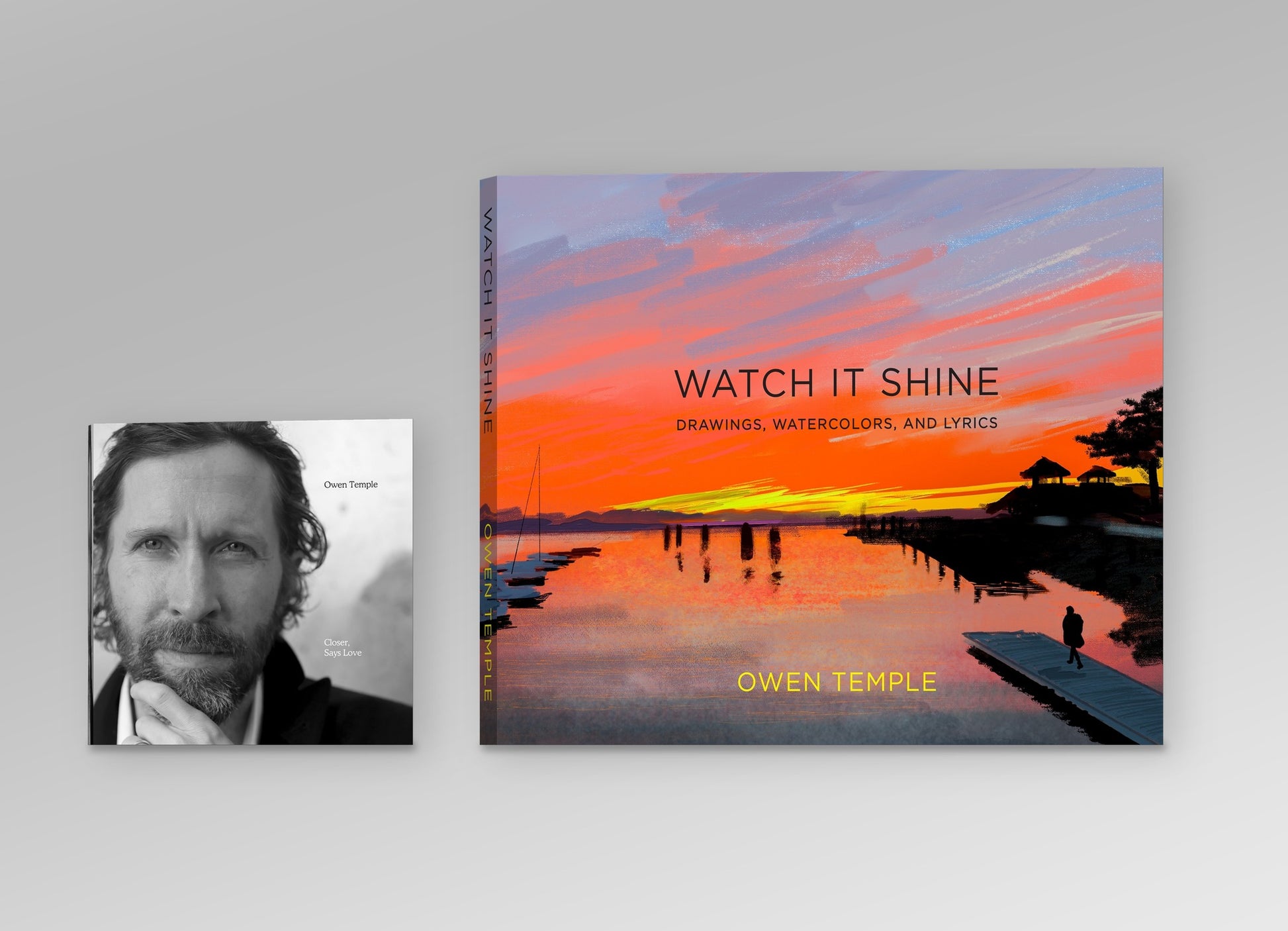Closer, Says Love compact disc beside the Watch It Shine hardcover art book, shown at actual relative size
