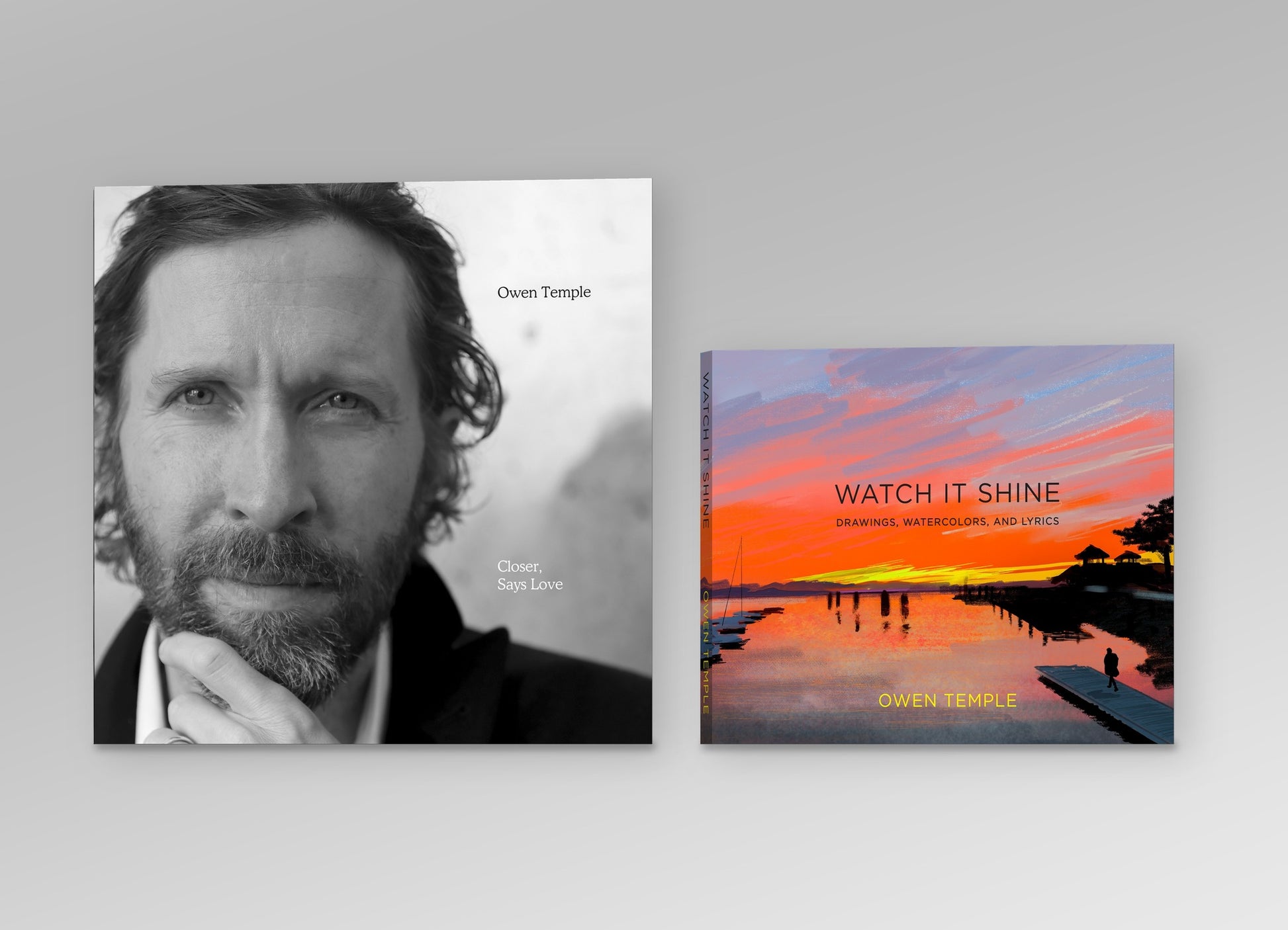 Closer, Says Love vinyl LP beside the Watch It Shine hardcover art book, shown at actual relative size