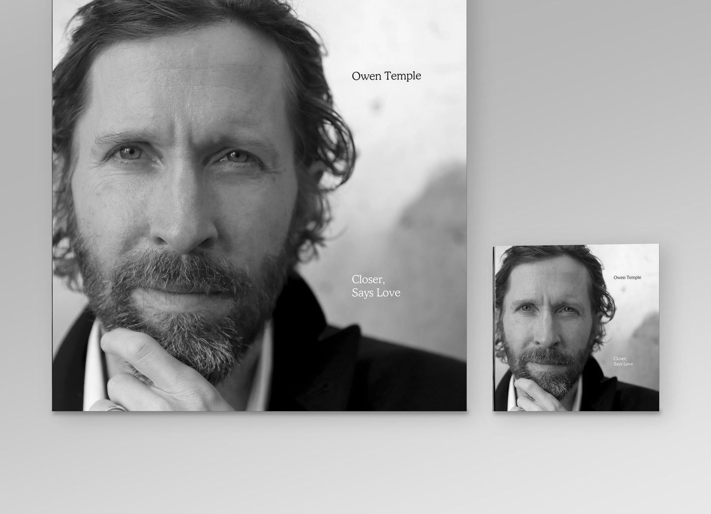 Closer, Says Love on signed vinyl LP and signed compact disc, shown at actual relative size