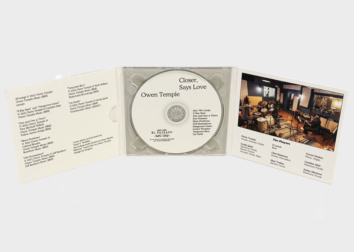 Closer, Says Love compact disc digipak open — the disc in its tray with the track list, the songwriting and design credits, and a studio photograph beside the list of players