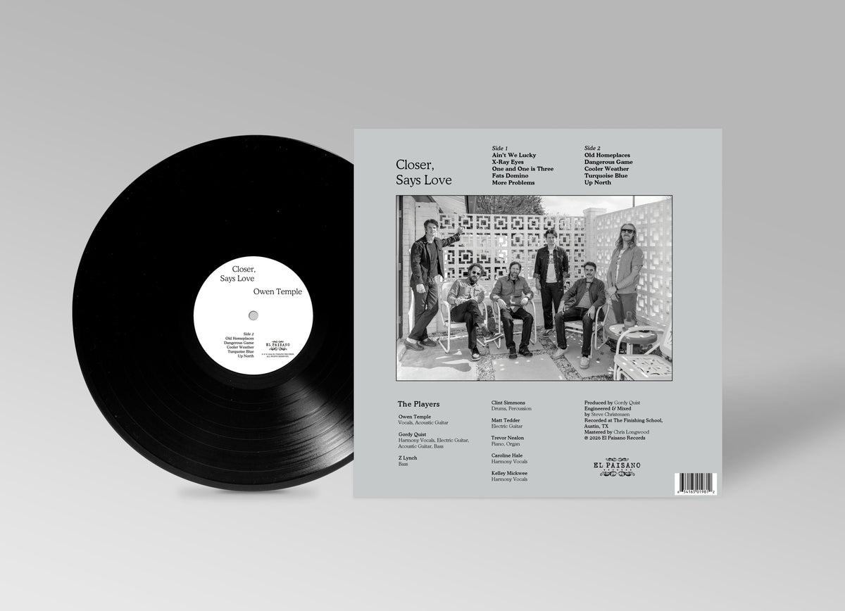 Closer, Says Love — back of the vinyl LP jacket with the record showing the Side B label: track list, band photograph, players and credits