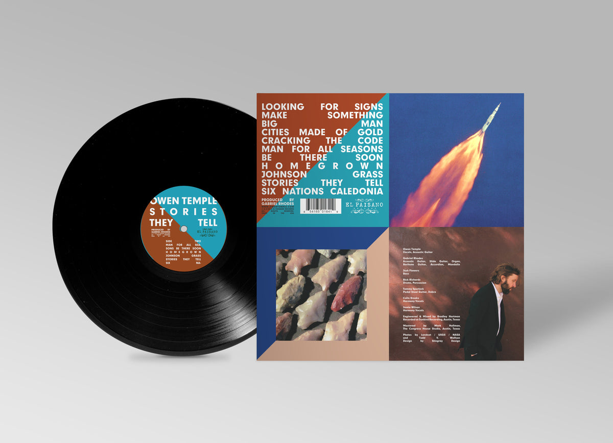 Stories They Tell — back of the vinyl LP jacket with the record showing the Side Two label: the song titles, a rocket launch, a tray of arrowheads, and the players and credits