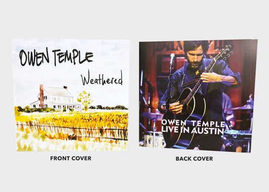 Weathered & Live in Austin CD — the watercolor farmhouse front cover and the live-photograph back cover, side by side and labeled