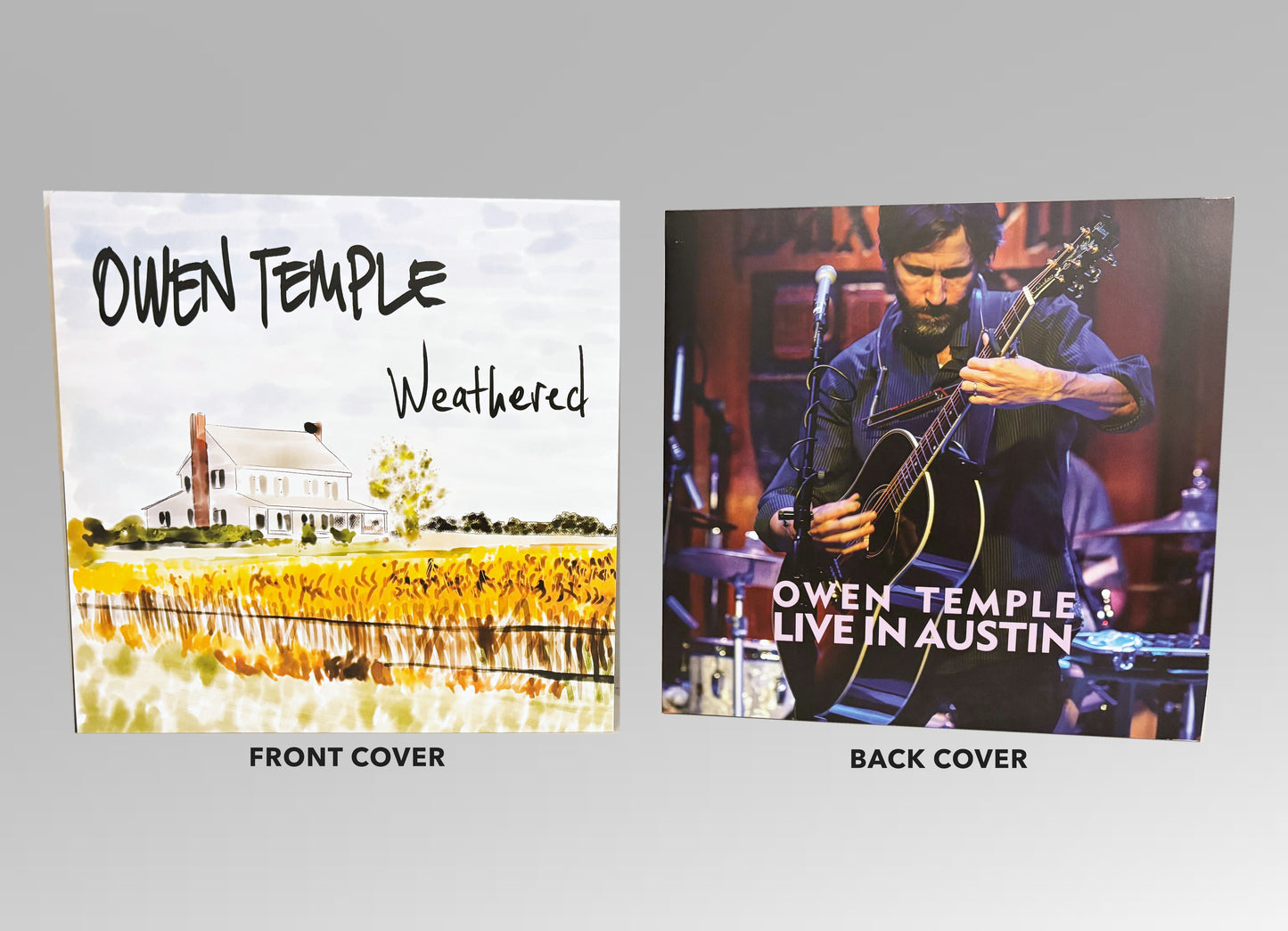 Weathered & Live in Austin double LP — the watercolor farmhouse front cover and the live-photograph back cover, side by side and labeled