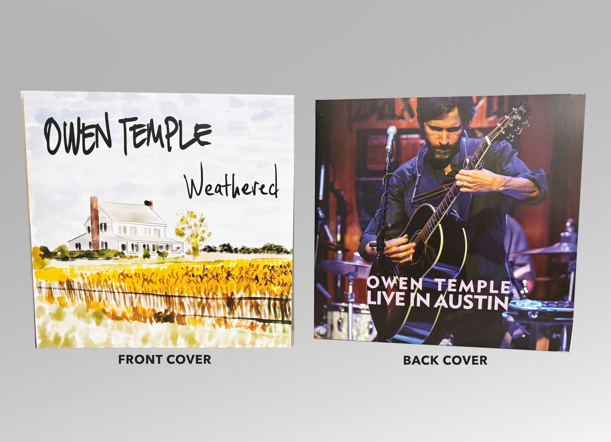 Weathered & Live in Austin double LP — the watercolor farmhouse front cover and the live-photograph back cover, side by side and labeled