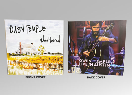 Weathered & Live in Austin double LP — the watercolor farmhouse front cover and the live-photograph back cover, side by side and labeled